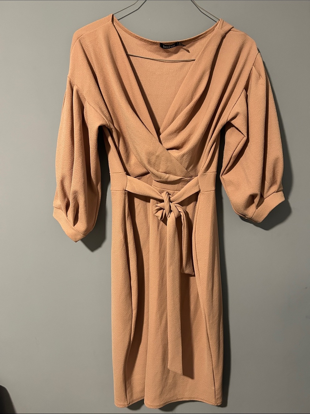 Boohoo Beige Wrap Midi Dress with Puff Sleeves